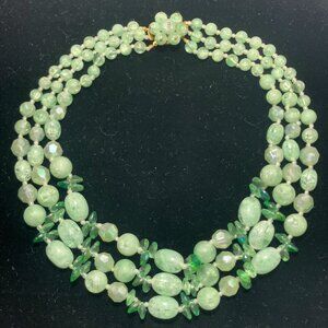 Vintage Mid-century 3-strand Green Beaded Necklace Made in Austria